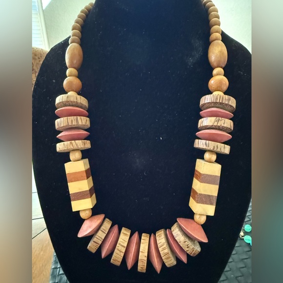 Jewelry - Wooden Geometric Shapes Beaded Necklace-12.5” Long